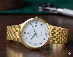 Classic Gold-Plated Men's Quartz Watch - Luxury Inspired Vacheron & Longines Style Dress Watches with Date Display & Link Bracelet ( golden with golden dial )