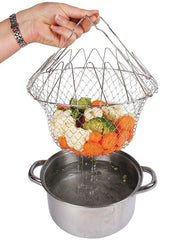 Stainless Steel Multi-Functional Foldable Chef Basket – Deluxe Kitchen Colander, Mesh Steam, Rinse, Strain & Fry Basket