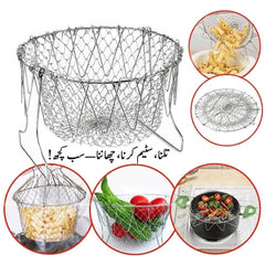 Stainless Steel Multi-Functional Foldable Chef Basket – Deluxe Kitchen Colander, Mesh Steam, Rinse, Strain & Fry Basket