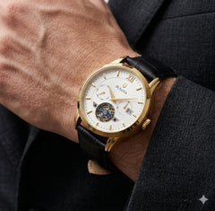 Luxury Men's Skeleton Watch - Gold Tone Case with Open-Heart Movement & Embossed Leather Strap