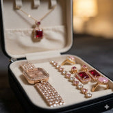 Elegant 6-Piece Ruby Red & Rose Gold Jewelry Suite: Crystal Watch & Matching Statement Pieces with Travel Case