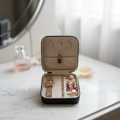 Elegant 6-Piece Ruby Red & Rose Gold Jewelry Suite: Crystal Watch & Matching Statement Pieces with Travel Case