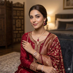 Elegant 6-Piece Ruby Red & Rose Gold Jewelry Suite: Crystal Watch & Matching Statement Pieces with Travel Case