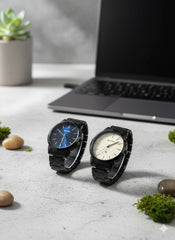 BESTWIN Minimalist Matte Black Link Bracelet Watch - Premium Sunray Blue & Cream Dials - Precision Quartz Movement for Modern Professionals ( black with blue dial )
