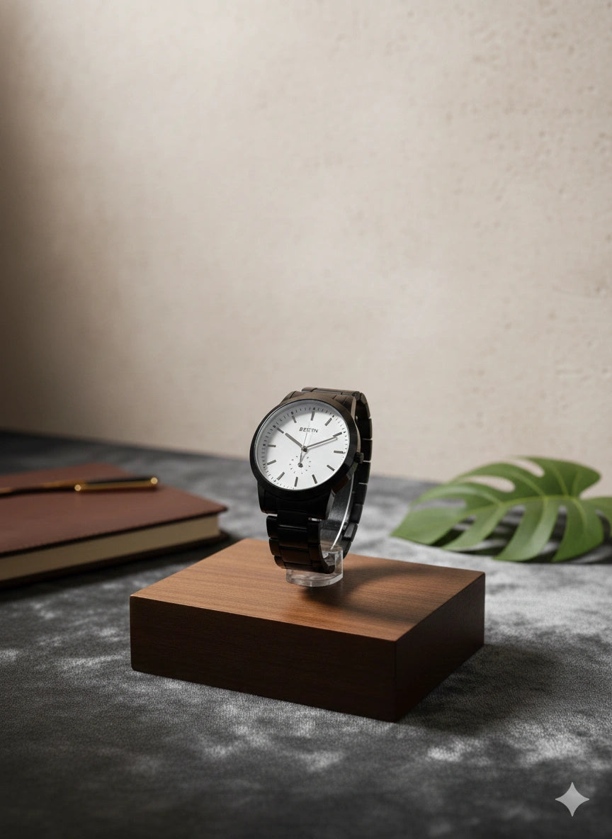 BESTWIN Minimalist Matte Black Link Bracelet Watch - Premium Sunray Blue & Cream Dials - Precision Quartz Movement for Modern Professionals ( black with blue dial )