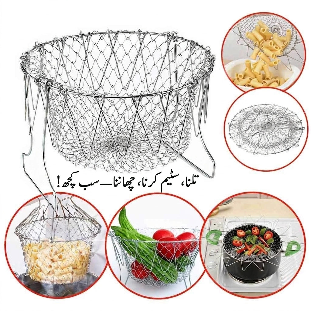 Stainless Steel Multi-Functional Foldable Chef Basket – Deluxe Kitchen Colander, Mesh Steam, Rinse, Strain & Fry Basket