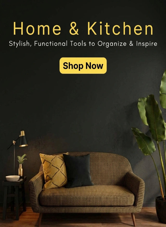 Sofa with decorative pillows in a room setting, promotional text for home and kitchen tools.