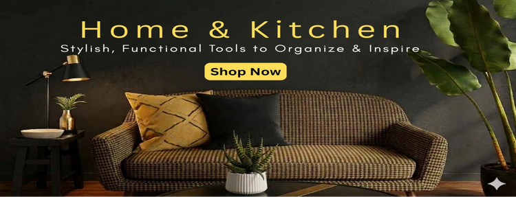 Sofa with decorative pillows in a home setting with text promoting 'Home & Kitchen' tools.