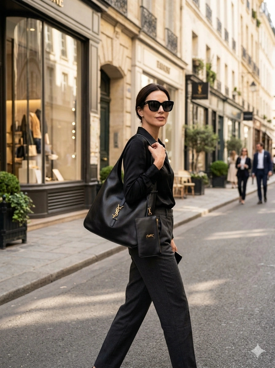 Luxury YSL Imported Tote Bag (Large Capacity) – High-Quality Black Leather Shoulder Bag with Pouch | Premium Designer Bag (without box) 🖤