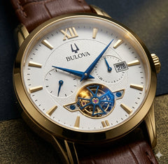 Luxury Men's Skeleton Watch - Gold Tone Case with Open-Heart Movement & Embossed Leather Strap